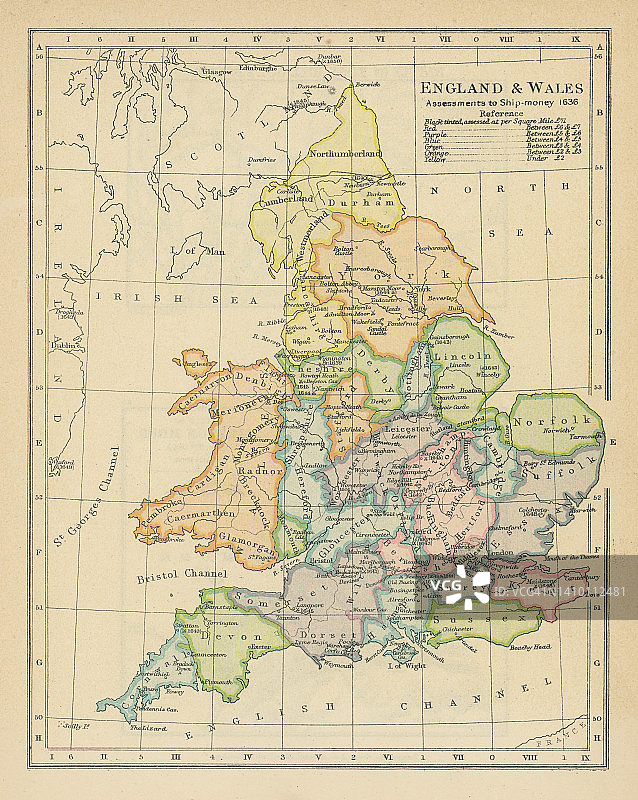 1636年英格兰和威尔士船舶税评估复古彩 lithograph 地图图片素材