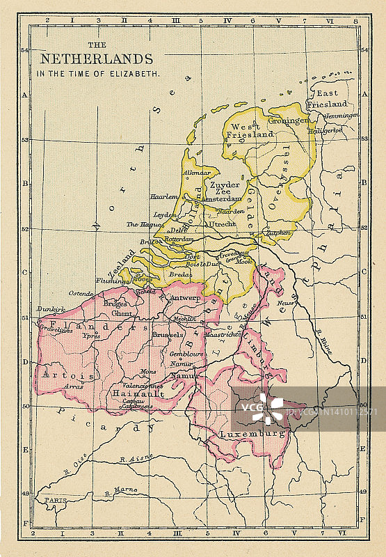 伊丽莎白一世时代的荷兰古老的彩色石印地图图片素材