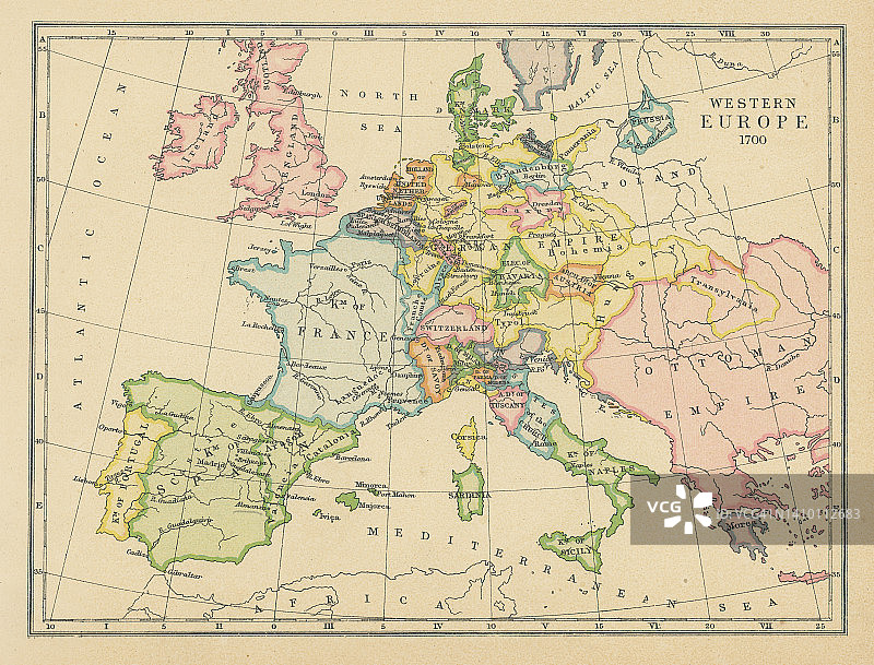 1700年西欧古老彩色石印地图图片素材