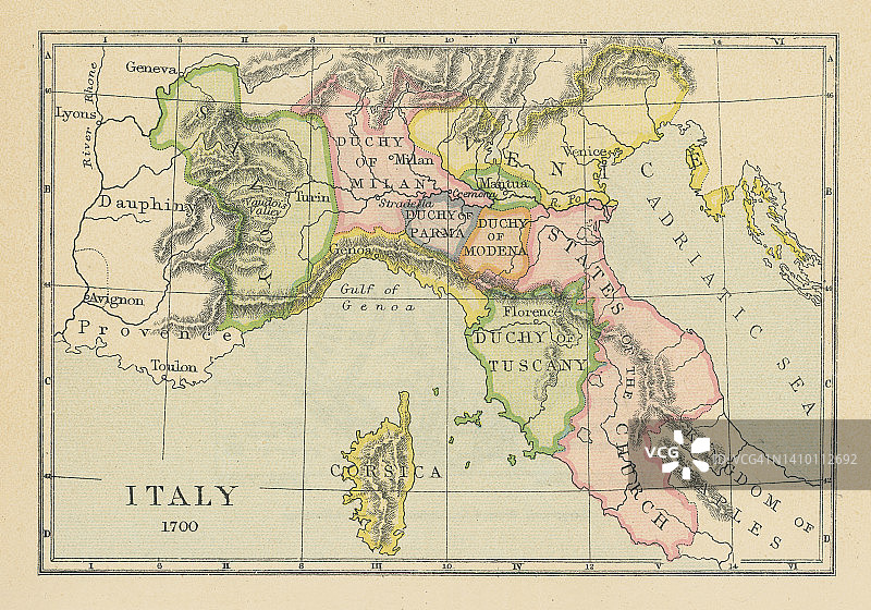 老式彩印地图：1700年的意大利图片素材
