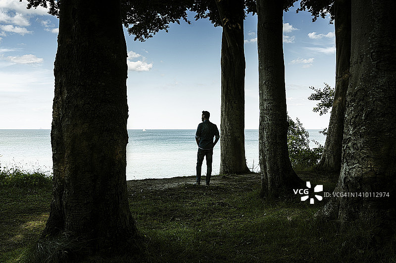 男人站在森林里眺望大海图片素材