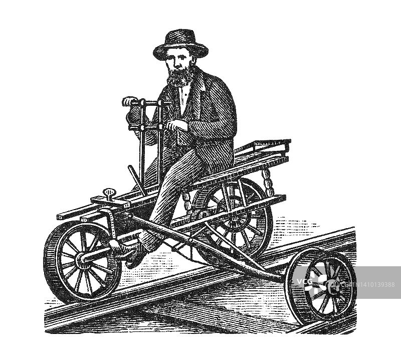 火车车厢、客运铁路车辆的古老雕刻插图图片素材