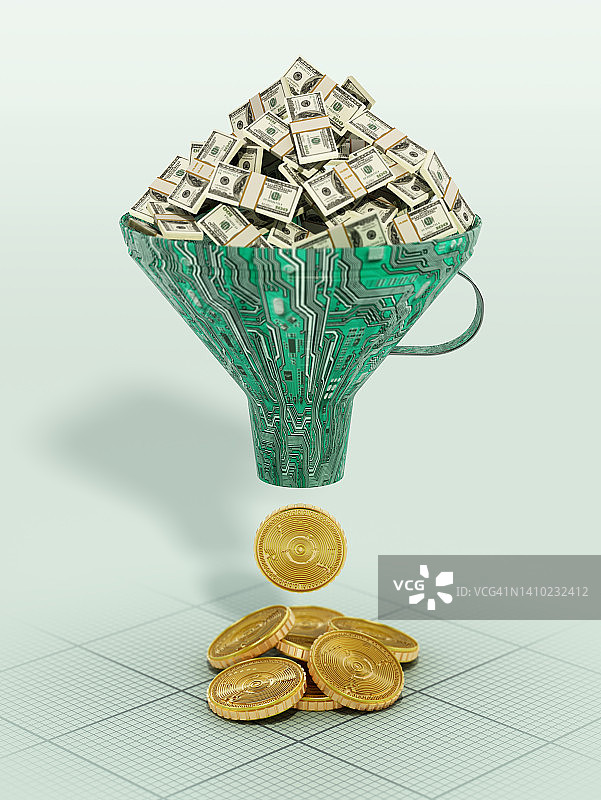 美元进入数字漏斗，转化为象征性的加密货币金币图片素材