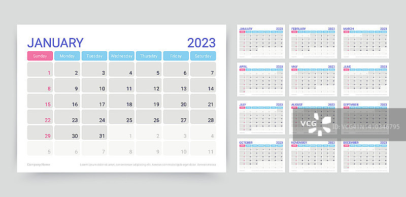 2023年日历，计划模板，矢量图，月度日历网格图片素材