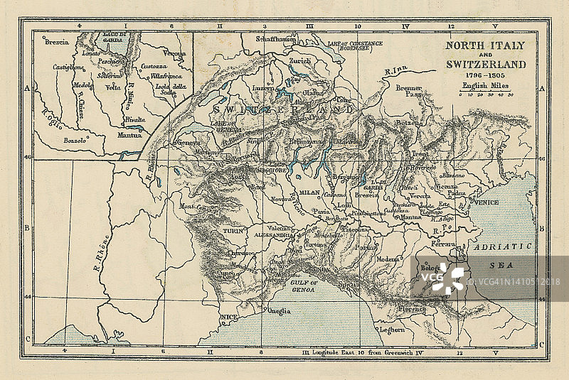 1796-1805年意大利北部和瑞士古老地图图片素材