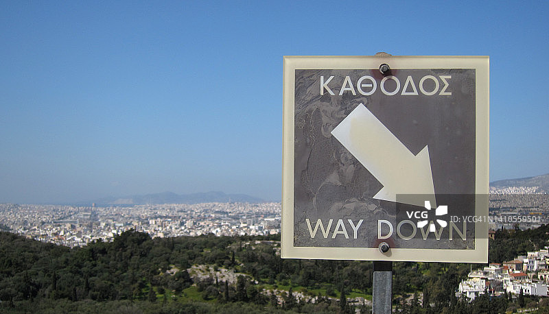 指向下方的英语和希腊语标志图片素材