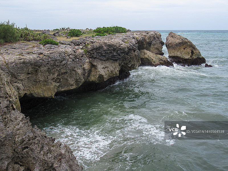 我们美丽的自然环境：加勒比海沿岸的岩石海岸线图片素材