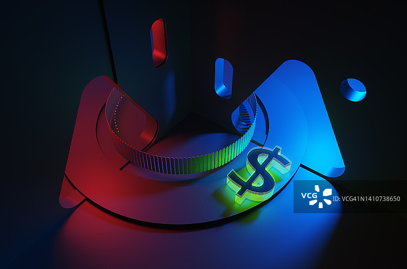 带有传送带和霓虹美元符号的回收室，3D渲染图图片素材