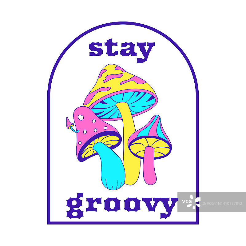 Y2k几何形状贴纸：迷幻蘑菇和文字，保持时髦，明亮酸性色彩的文本图形元素，怀旧2000年代，白色背景上的简约矢量图图片素材