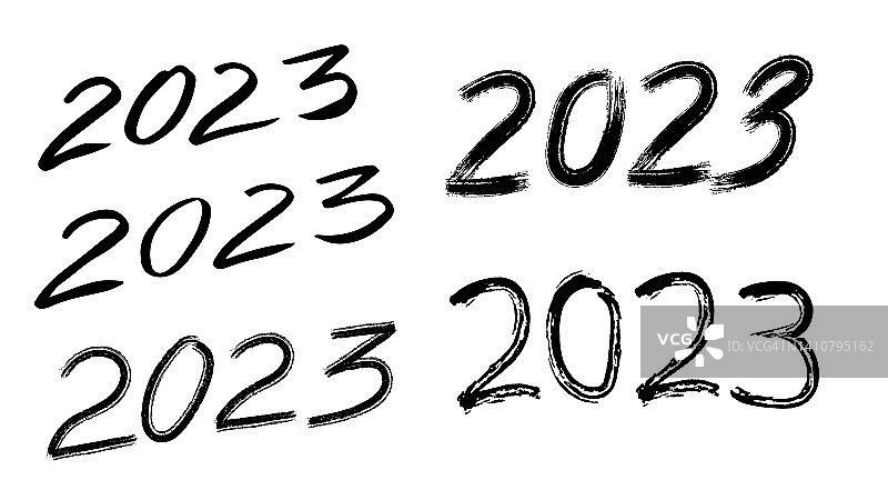 2023年新年标志手绘草图：笔刷数字，适用于明信片、印刷品和邀请函等图片素材