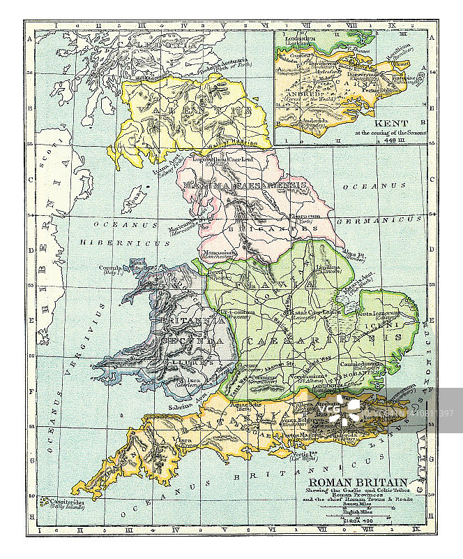 罗马不列颠老式彩色石印地图——展示盖尔和凯尔特部落、罗马省份以及主要罗马城镇和道路图片素材