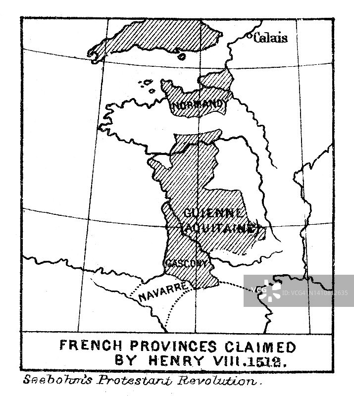 亨利八世声称的法国省份的旧彩色石印地图-1512年图片素材