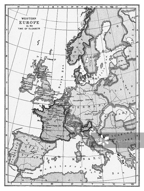 英格兰和爱尔兰伊丽莎白一世时期的西欧古老彩色石印地图图片素材