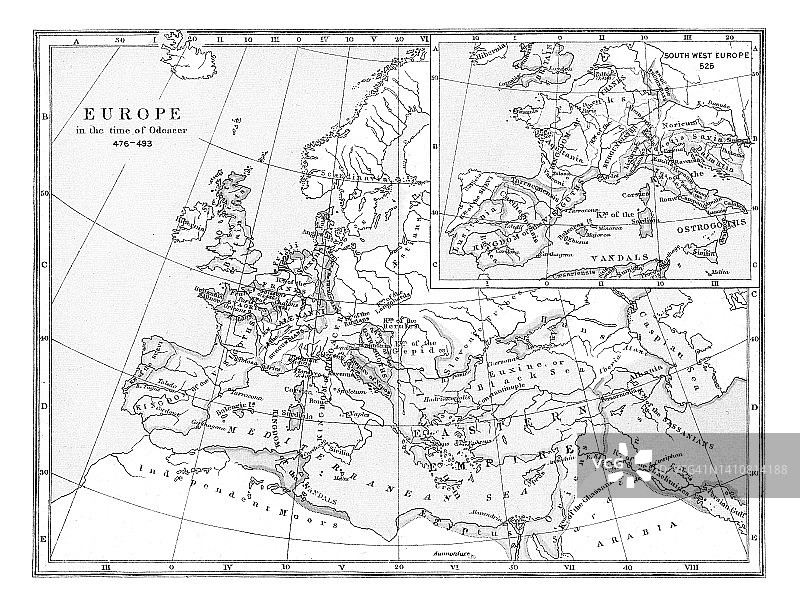 老式彩色石印地图：欧洲在奥多亚塞统治时期（476-493年）图片素材