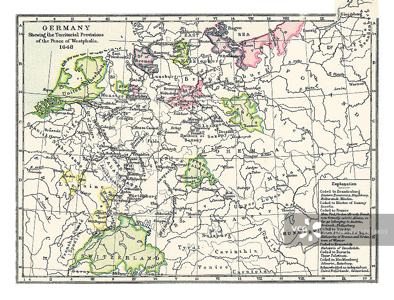 显示威斯特伐利亚和约领土条款的德国古地图，1648年图片素材