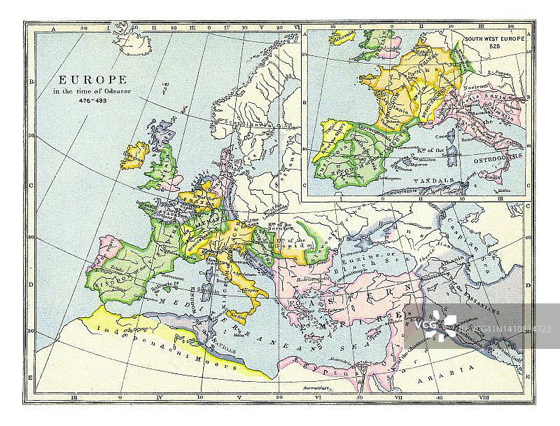 Flavius Odocet(476-493)时代的古代欧洲彩色石头地图图片素材