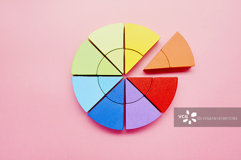 粉色背景上由彩色积木组成的饼图图片素材
