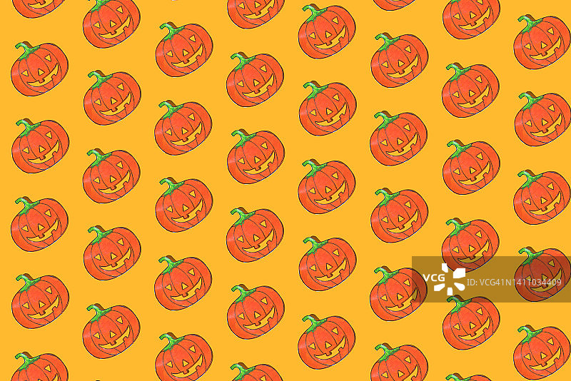 有趣儿童画风的万圣节南瓜灯重复图案，黄色背景图片素材