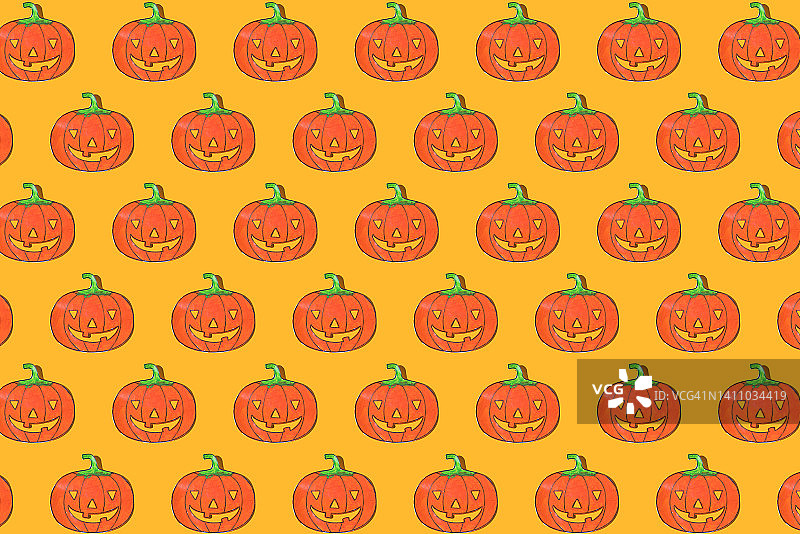 有趣儿童画风的万圣节南瓜灯重复图案，黄色背景图片素材