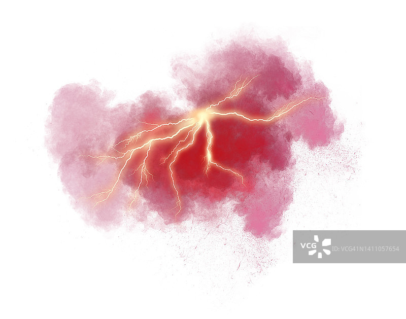 白色背景上的电气爆炸、红色烟雾和闪电图片素材