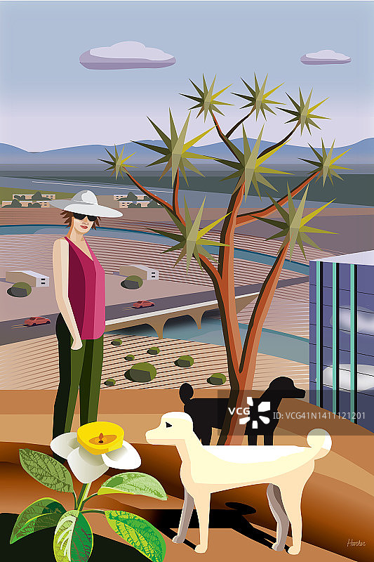 年轻女子和小狗在沙漠郊区景观插图上方图片素材