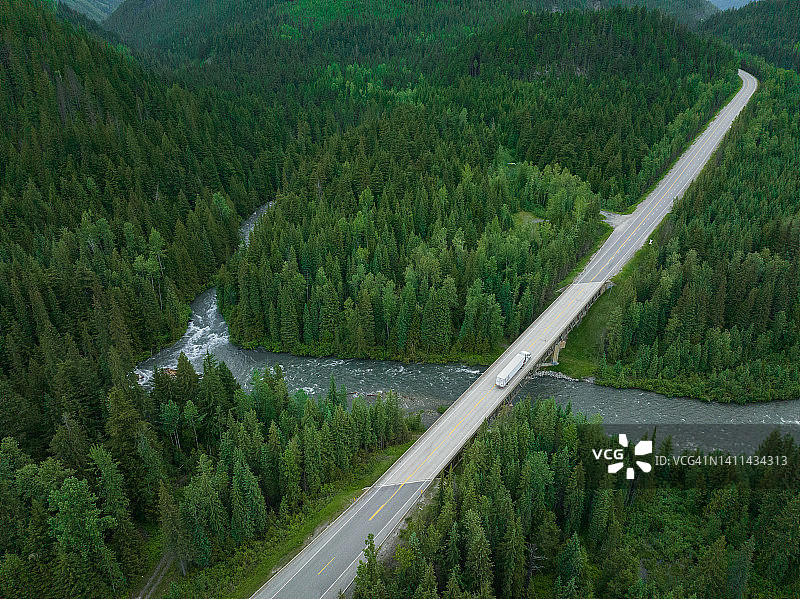 风景优美的道路上的集装箱卡车图片素材