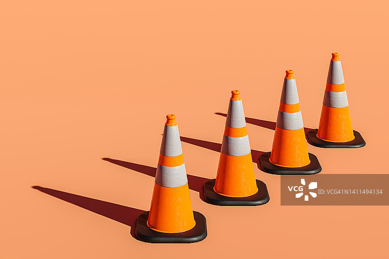 3D渲染：橙色背景上的多个交通锥图片素材