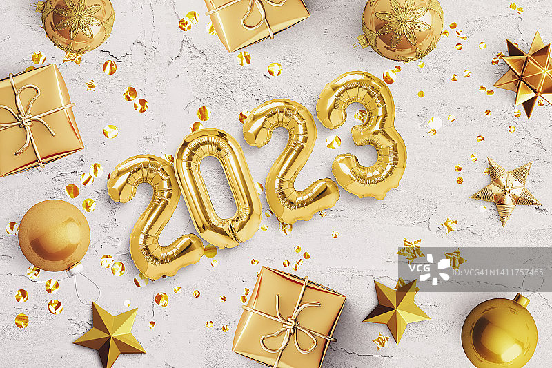 2023金色气球礼物与圣诞装饰图片素材