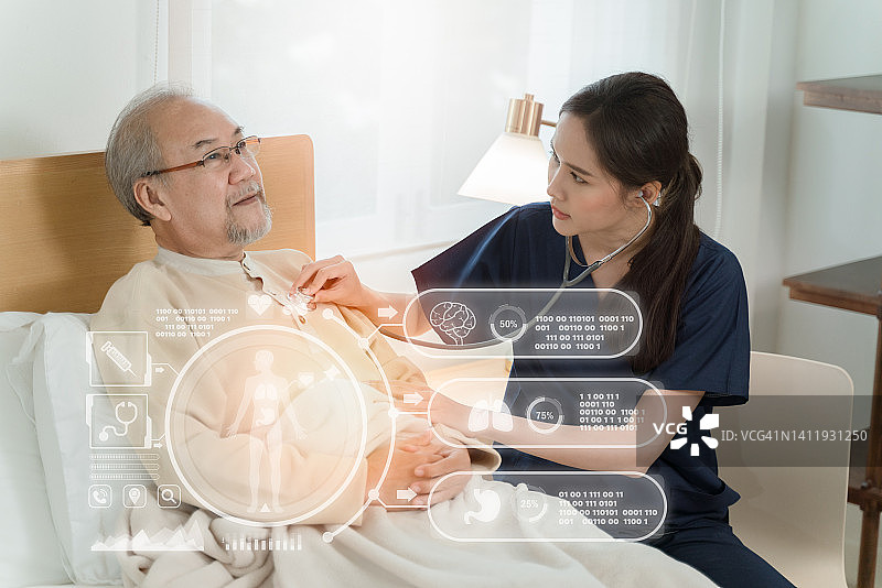 护士用听诊器在医院检查室检查病人的心率，进行体检或健康检查图片素材