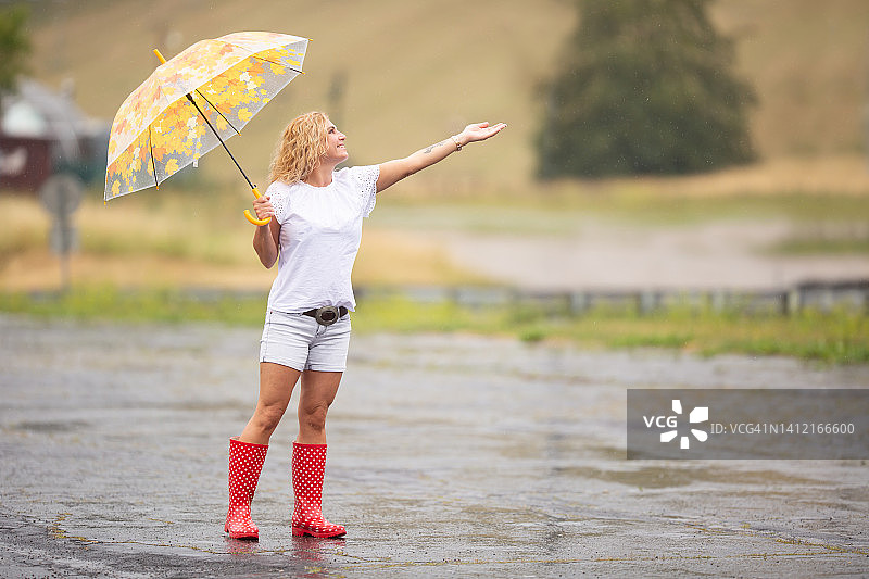 微笑的漂亮女人撑着伞，用手检查是否还在下雨图片素材