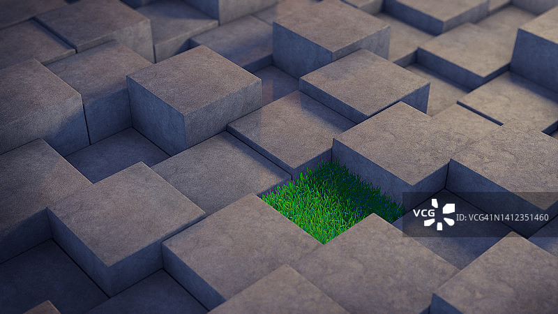 长着杂草的灰色混凝土砖图片素材