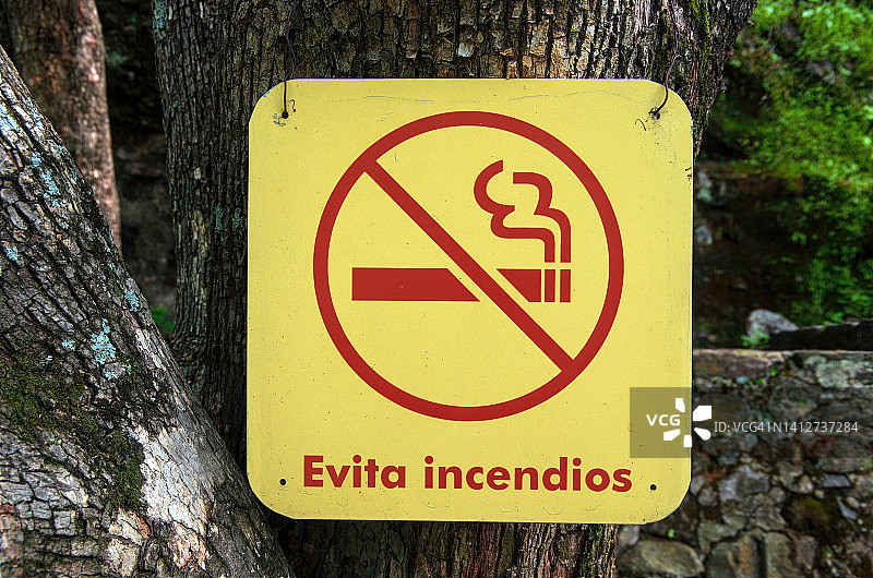 户外旅游景点树上悬挂的西班牙语禁烟标志，标语“Evita incendios”[预防火灾]图片素材