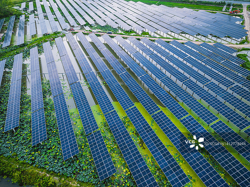 荷花池上的太阳能发电站，零碳排放绿色概念照片图片素材