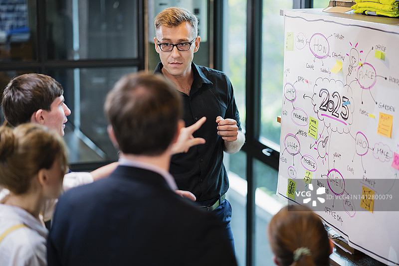 戴眼镜的年长的白人男士商务总监与年轻专业团队在办公室共同制定业务战略和分享商业计划图片素材