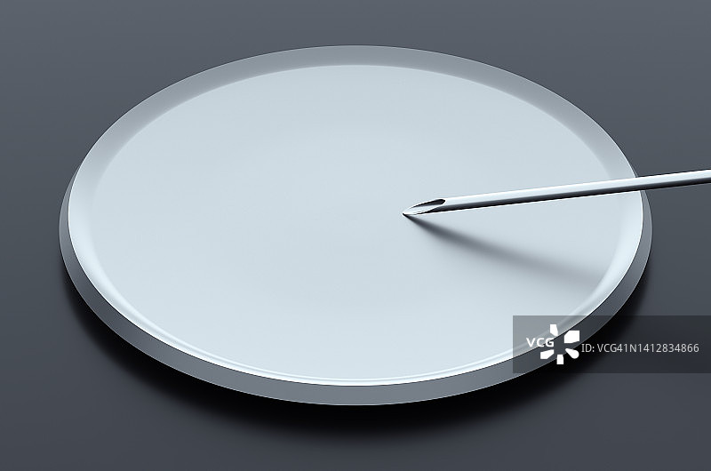 一个空培养皿的特写，带有注射器针头，3D渲染插图图片素材
