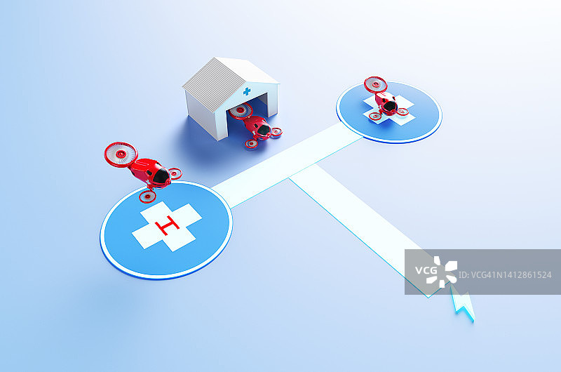 医疗电动垂直起降飞行器概念：停机坪上的医疗eVTOL和车库里带充电装置的eVTOL，3D渲染图。图片素材