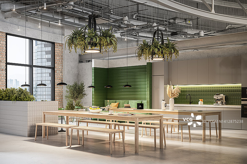 可持续办公咖啡厅的3D渲染图片素材