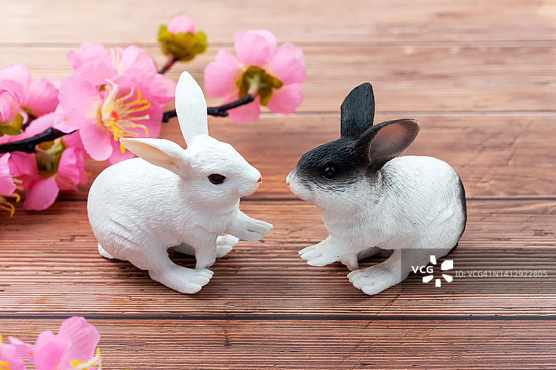 带有樱花的两个兔子玩具图片素材