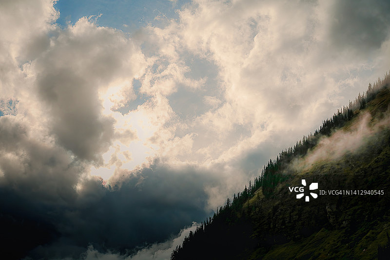 冰川国家公园云雾缭绕的山脉、森林和自然公园景观图片素材