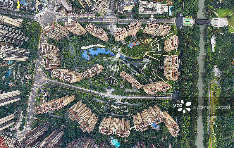 中国大型城市现代住宅区航拍图片素材