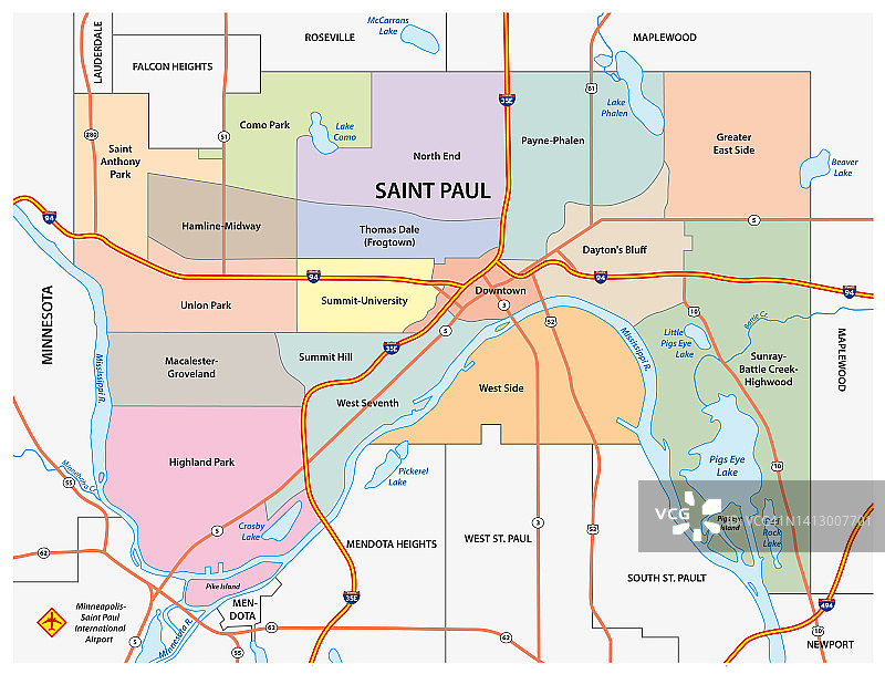 美国明尼苏达州圣保罗行政和道路地图图片素材