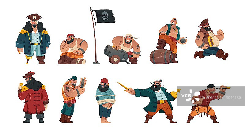 海盗角色。卡通武装男 бандит 水手，带有剑炮间谍和海盗旗的梦幻海洋恶棍。矢量孤立集合图片素材