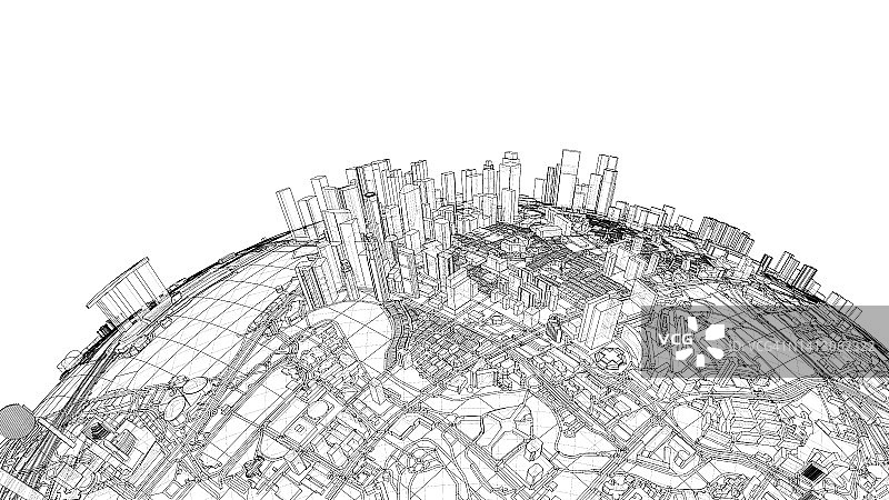 小型星球上的城市，3D矢量渲染图片素材