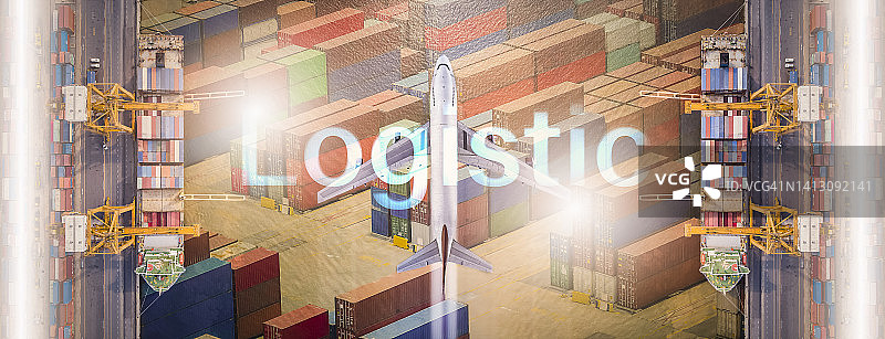 双重曝光：货运飞机与大型货场背景，物流进出口业务图片素材