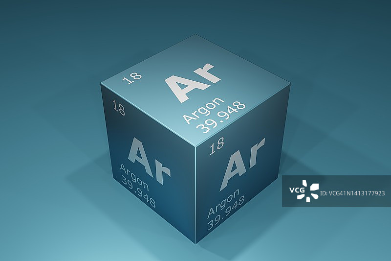 氩，元素周期表元素符号的3D渲染，原子序数，原子量，名称和符号。教育、科学和技术。3D图示图片素材