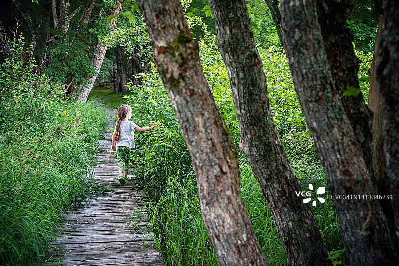 女孩享受沼泽地小径图片素材