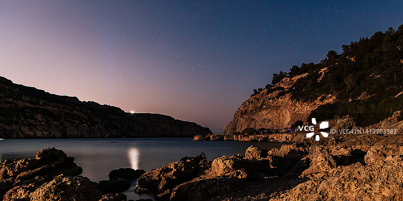 安东尼·奎恩湾的星空摄影：希腊罗德岛法利拉基地区的长曝光夜空照片图片素材