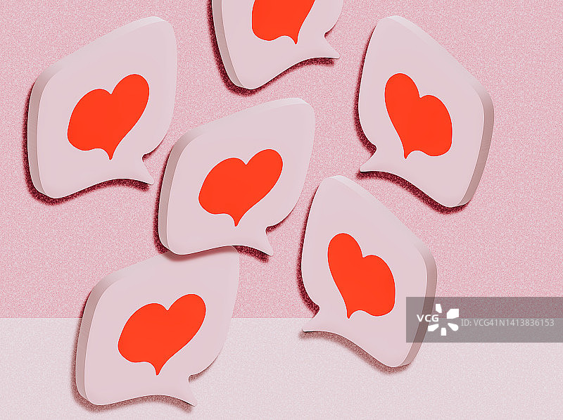 智能手机中用纸制成的粉色心形对话气泡。沟通图片素材