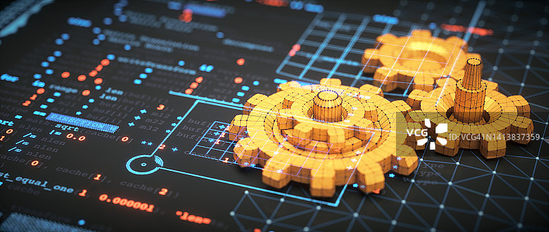 具有蓝图表面的工程设计概念、概念性 3D 齿轮模型和发光编程语言覆盖图片素材