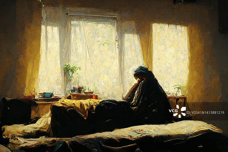 坐在床上为抑郁症挣扎的悲伤女人图片素材